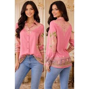 ETRO Milano Pink Paisley Silk Blouse Floral Boarder Women's Size 46 Bohemian